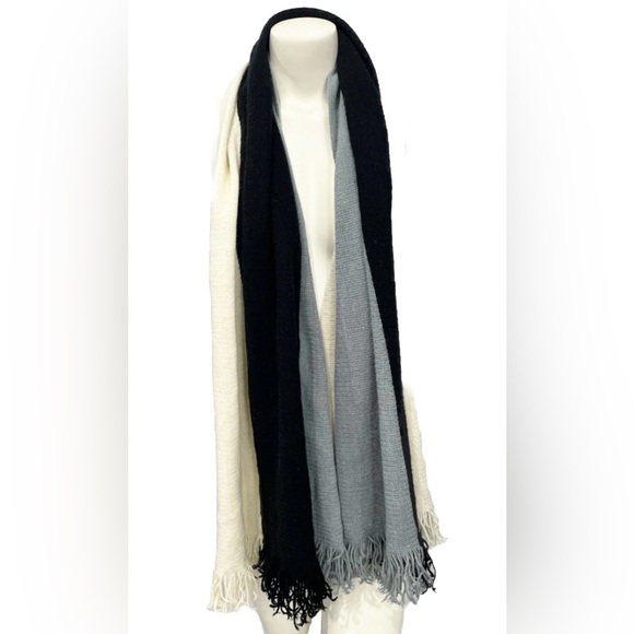 DONNI Tri-Color Fringe Scarf Black Gray Cream Oversized Wrap Shawl Acrylic - Picture 4 of 7